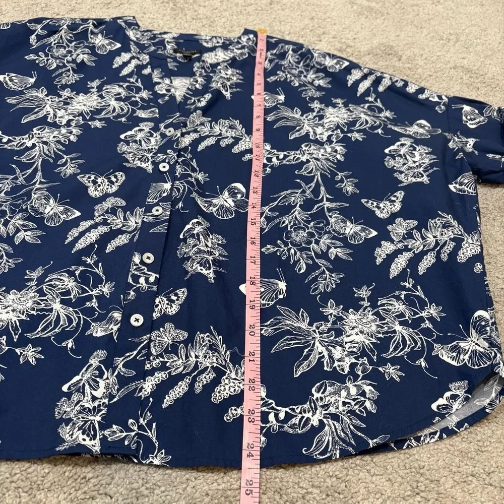 Talbots Navy Blue Floral Butterfly Boxy Short Sleeve Top Size SP Petite